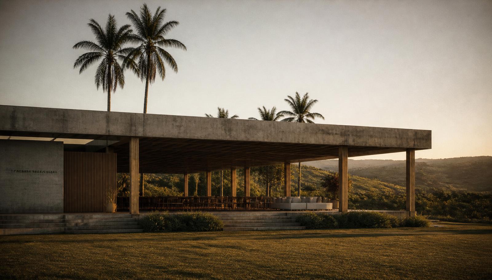 Pavilhão de eventos em concreto ao fim da tarde